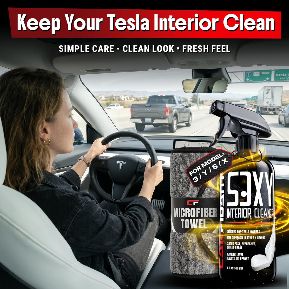 Carfidant in Tesla interior lifestyle shot showing maintained cabin appeal