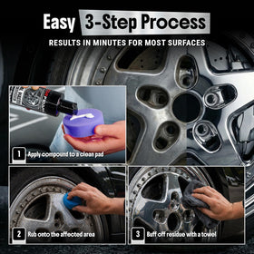 Carfidant polishing car wheel showing improved shine benefit