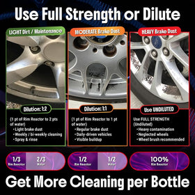 Carfidant spray dissolving brake dust on rim highlighting cleaning power