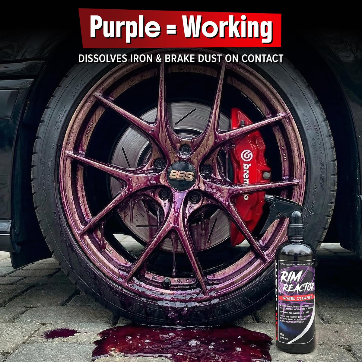 Carfidant purple iron reaction on wheel showing active contaminant removal