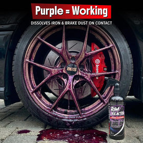 Carfidant purple iron reaction on wheel showing active contaminant removal