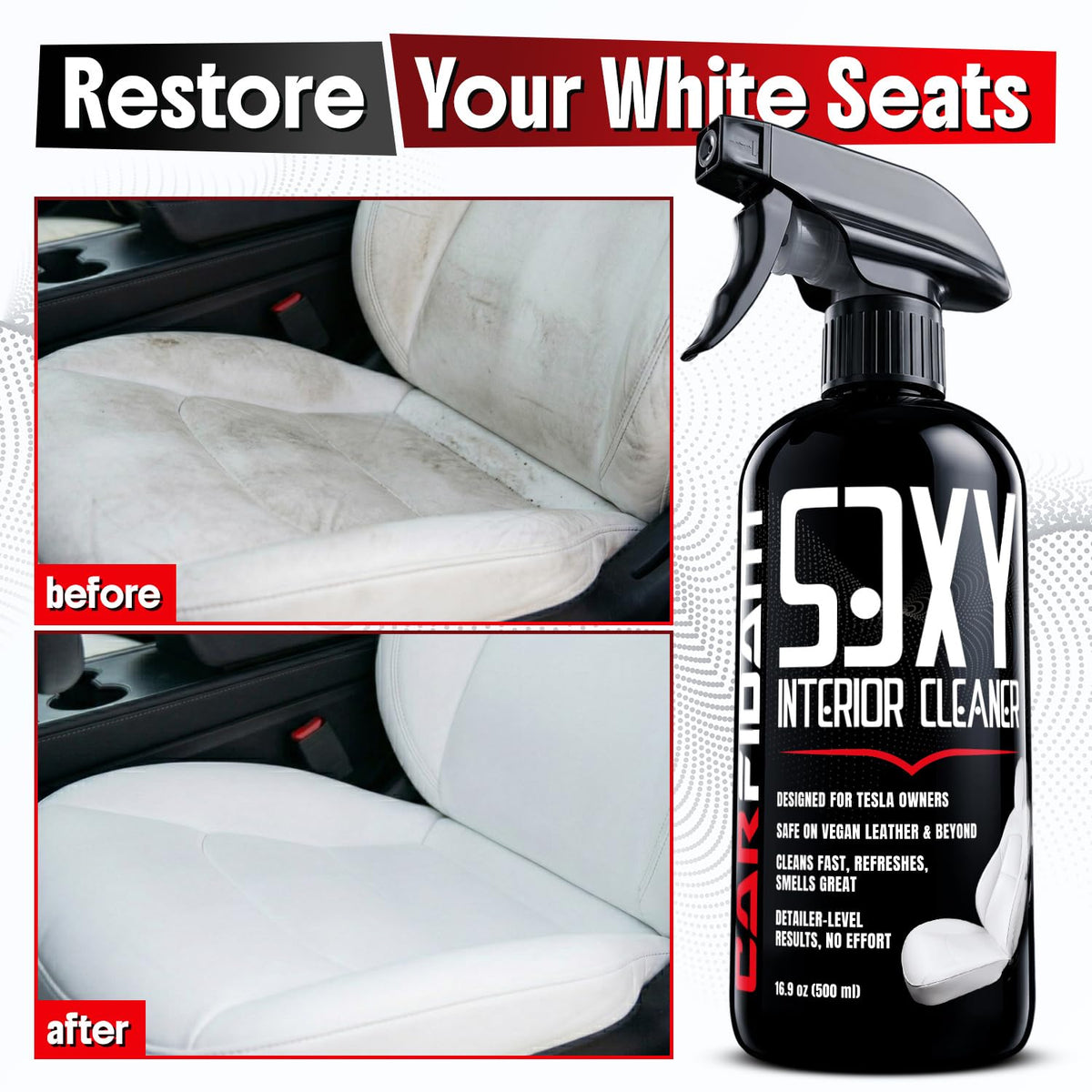 Carfidant spray action on vegan leather seat demonstrating targeted stain removal benefit