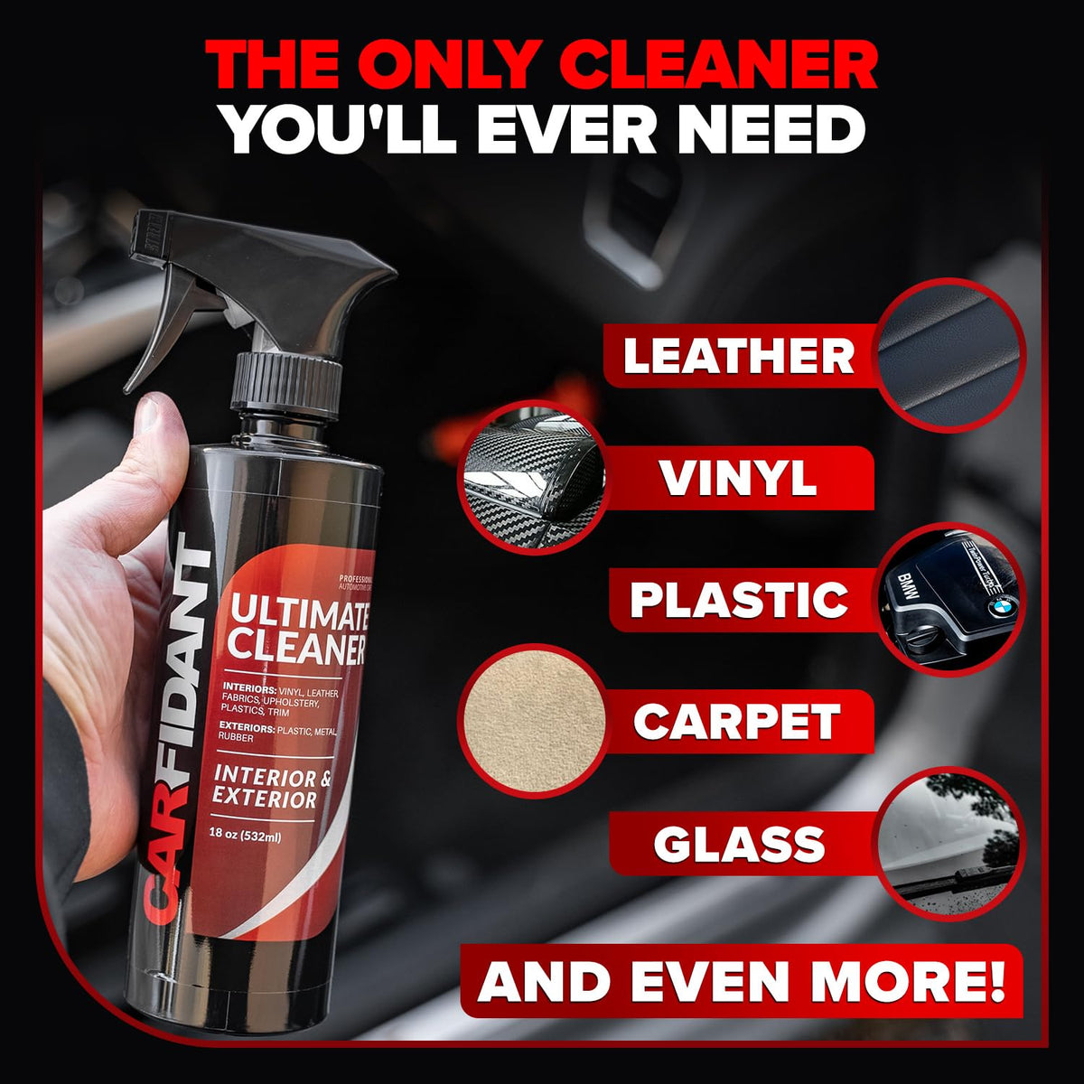 Carfidant spray in action on car seat removing a coffee spill fast