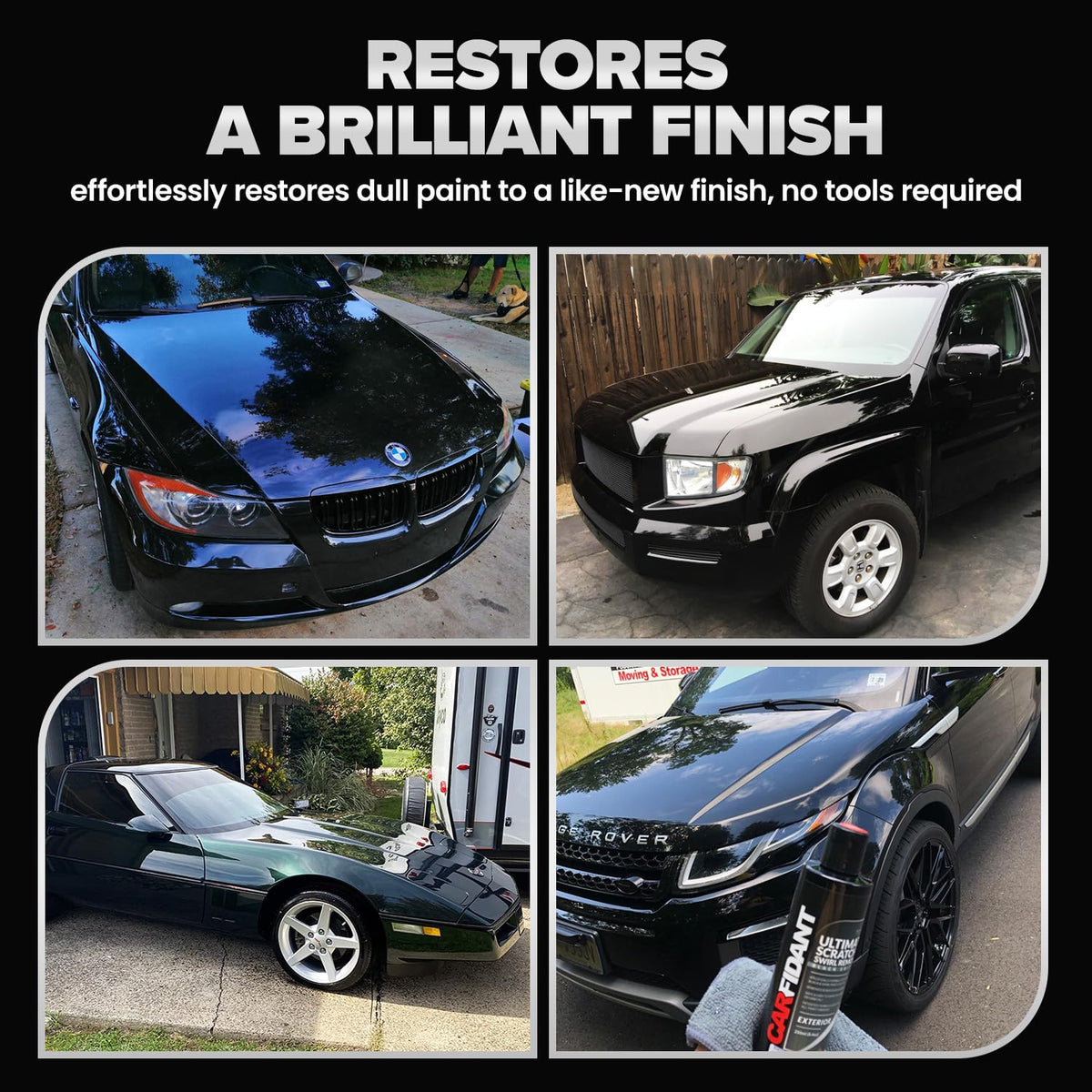 Carfidant before and after on vehicle side panel restoring gloss