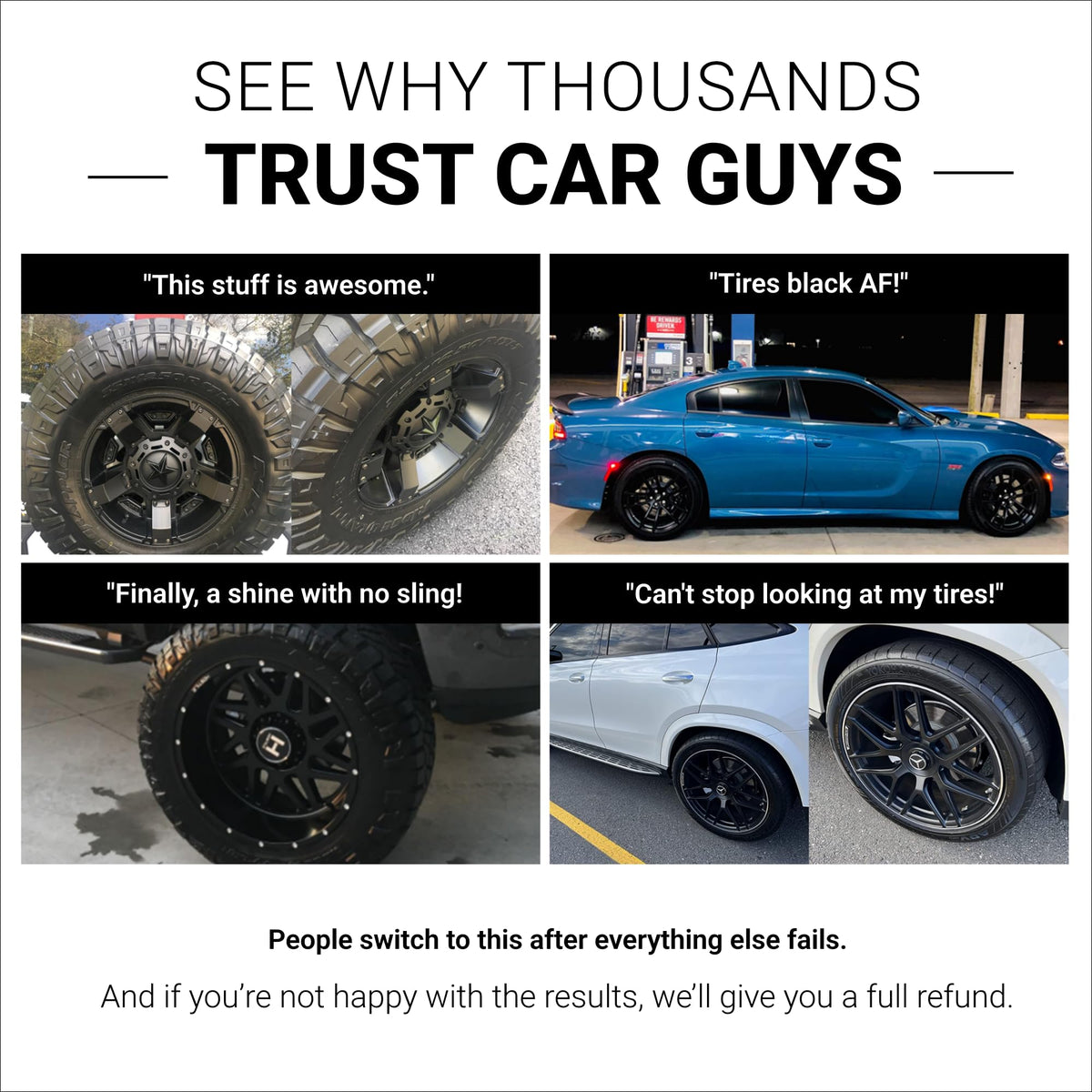 CarGuys spray being applied to tire delivering no-sling convenience