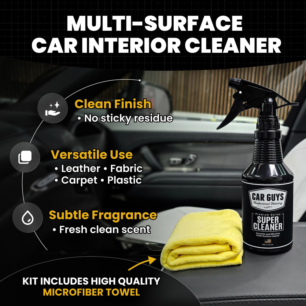 CarGuys spray applied to car seat demonstrating easy use and quick cleaning benefit