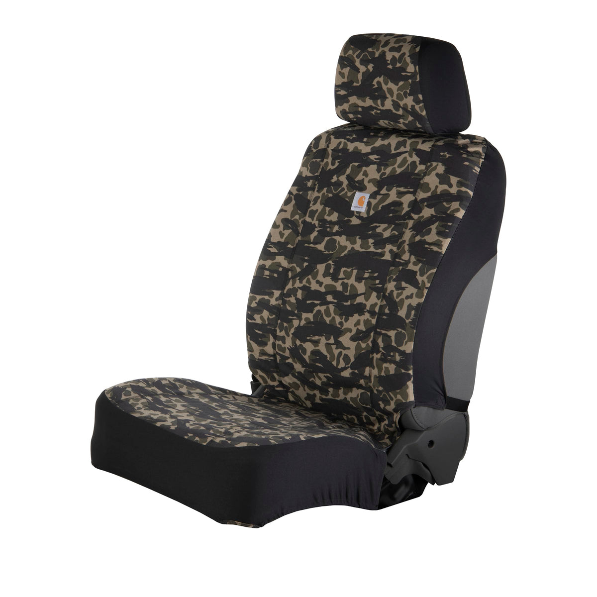 Carhartt front view seat cover showing full blind duck camo protection and easy cleanup