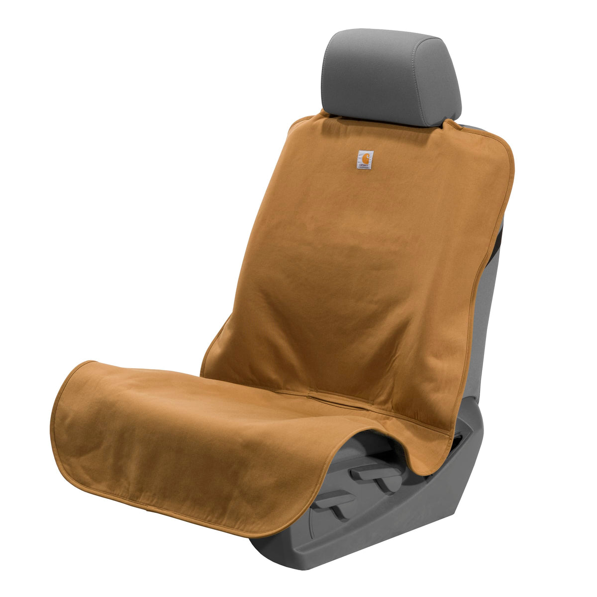 Carhartt front view of bucket seat cover showing fit and protection
