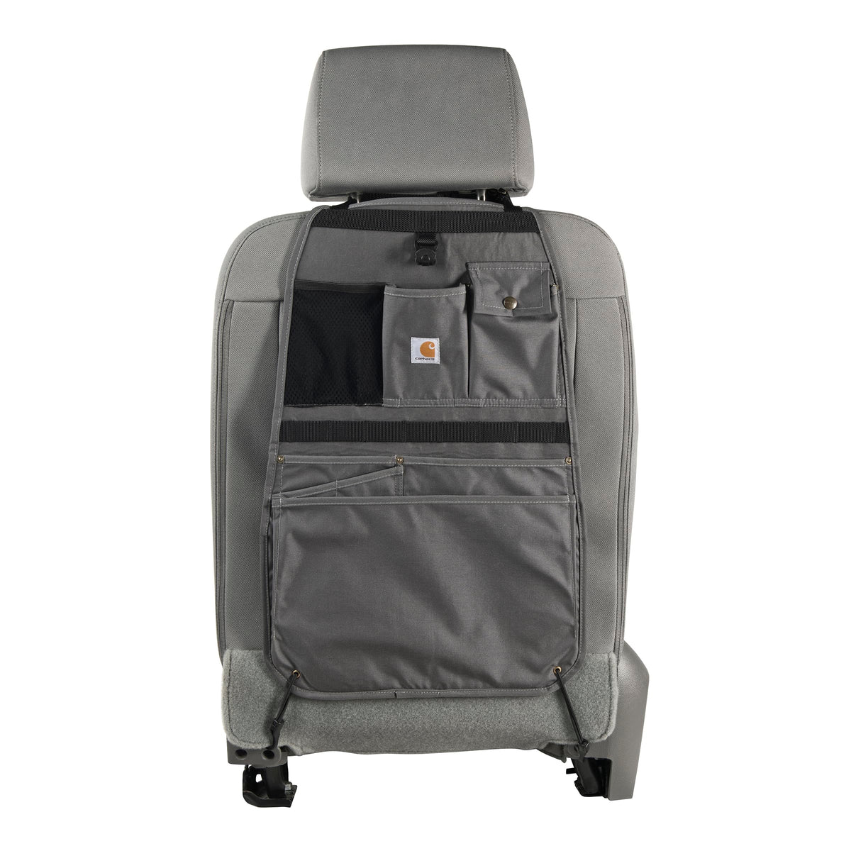 Carhartt seat organizer front view showing pockets and durable finish for organized storage
