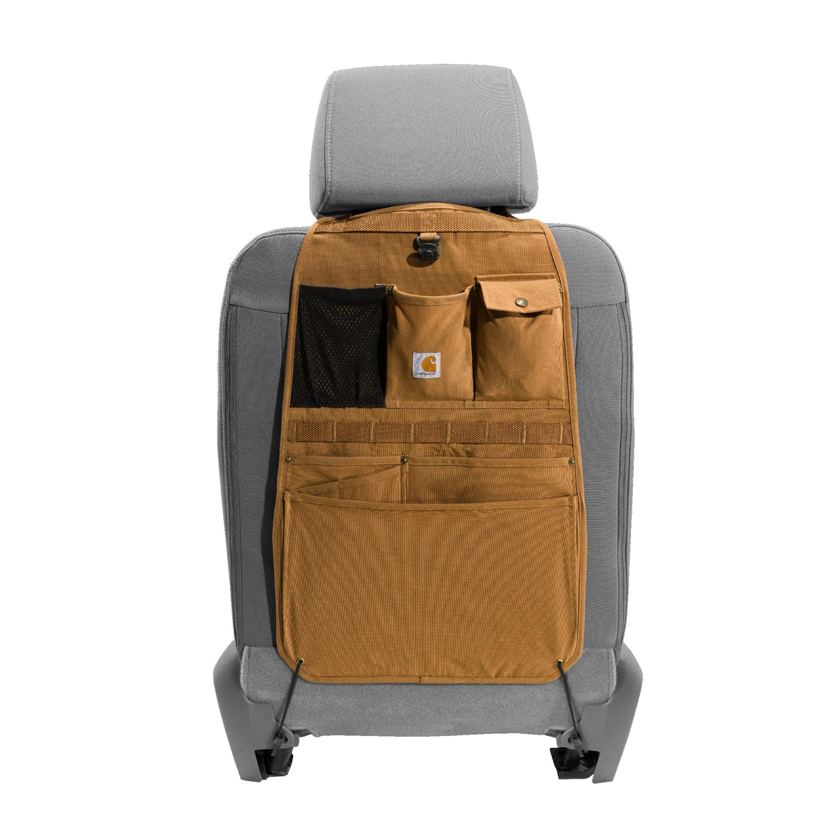 Carhartt seat organizer front view showing eight pockets and organized storage benefit