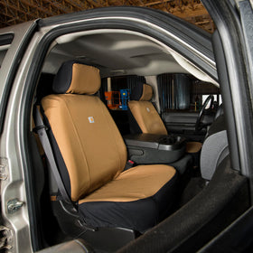 Carhartt scale comparison showing cover fitting across full bench seat