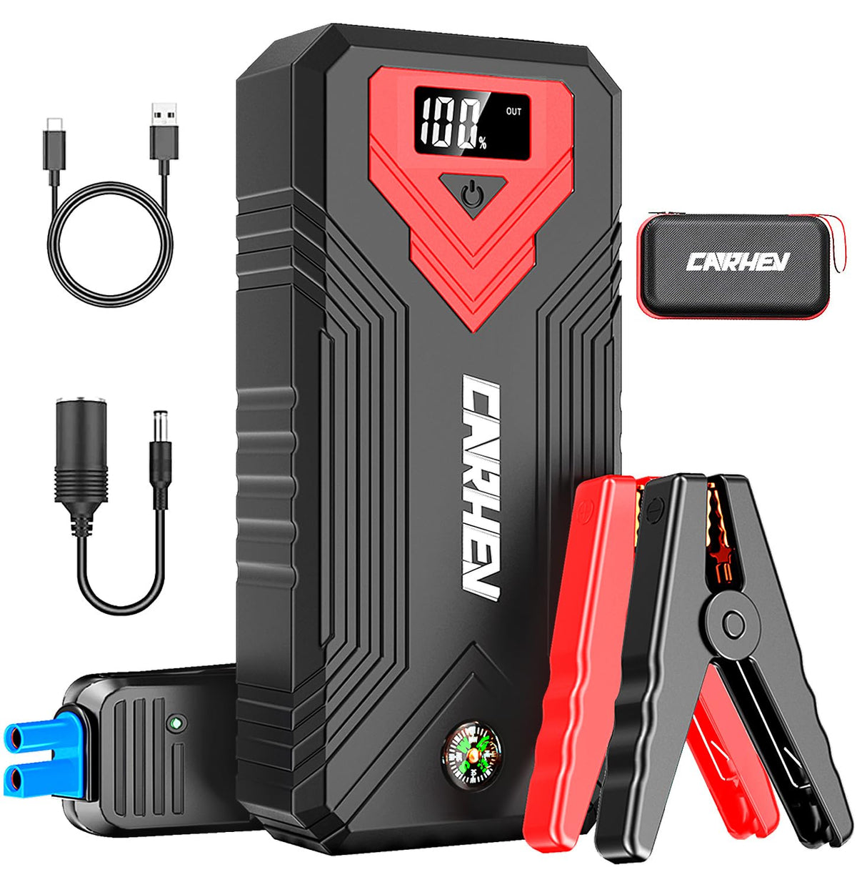 CARHEV front view of jump starter showing compact design and portability benefit