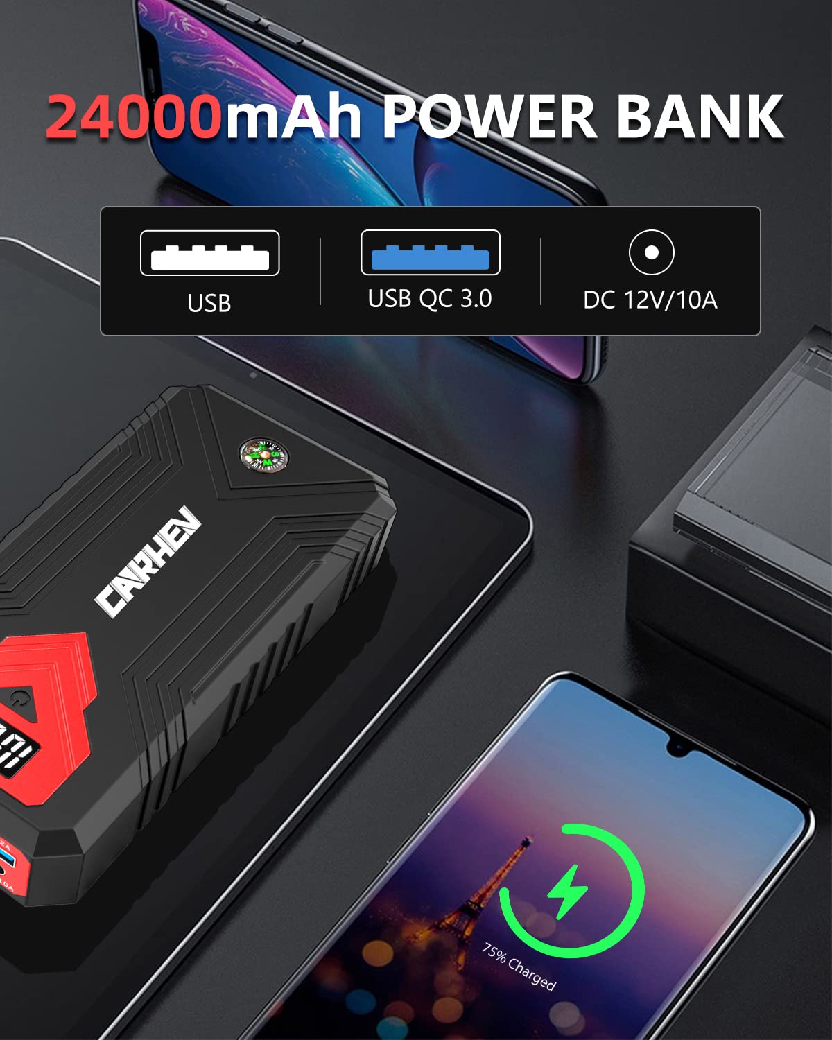 CARHEV powering smartphones via QC3.0 showing fast-charge convenience