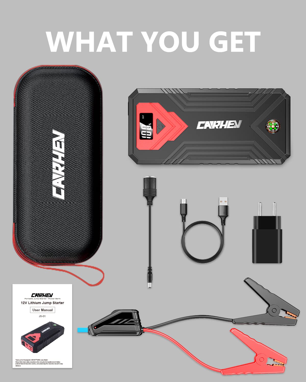 CARHEV storage case with jumper cable and accessories showing organized portability