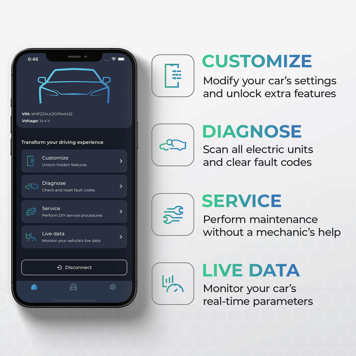 Carista app live data screen displaying sensor values for quick diagnostics