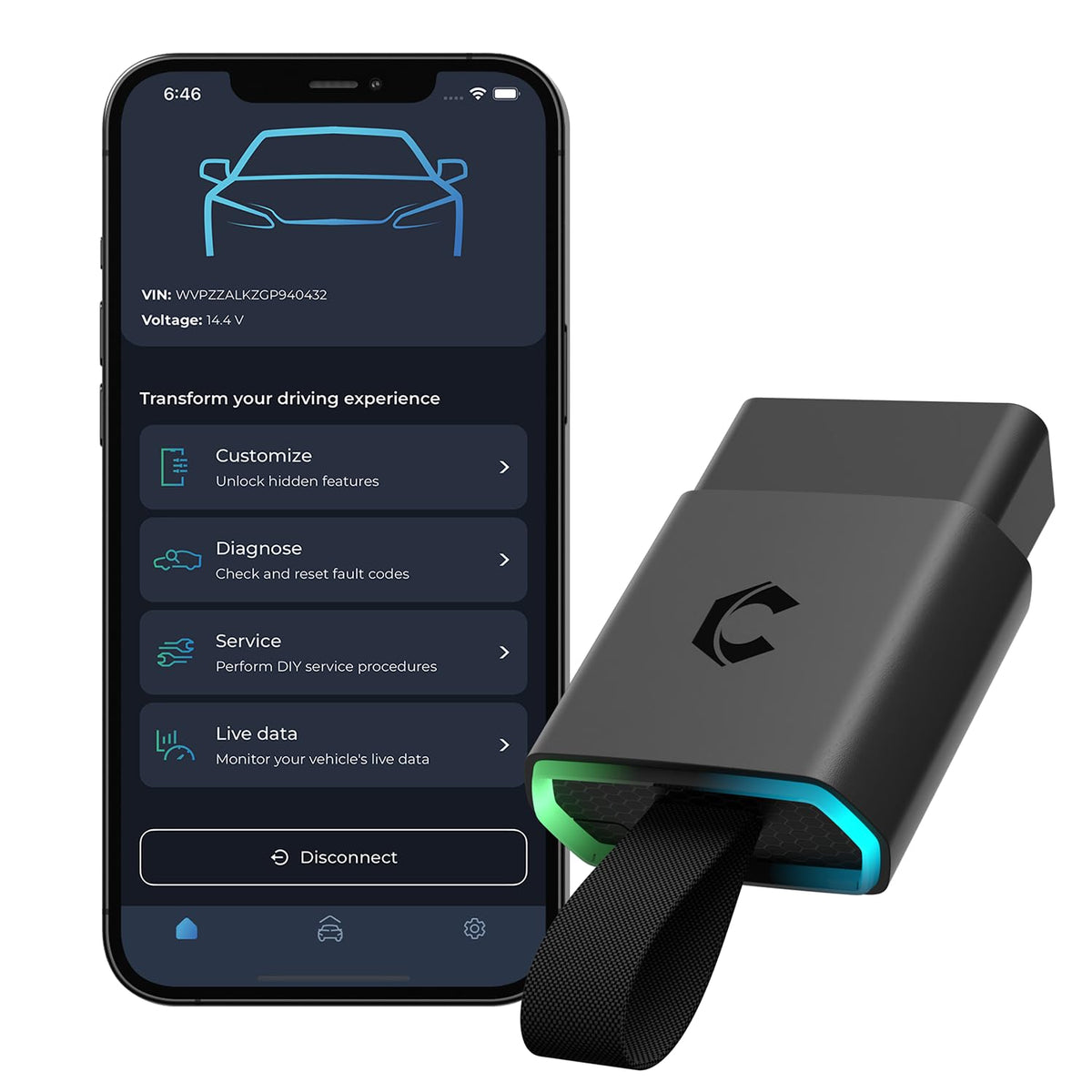 Carista EVO front view showing compact Bluetooth OBD2 scanner and branding for easy storage