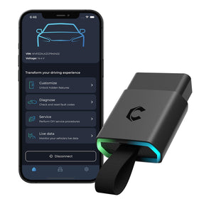 Carista EVO front view showing compact Bluetooth OBD2 scanner and branding for easy storage