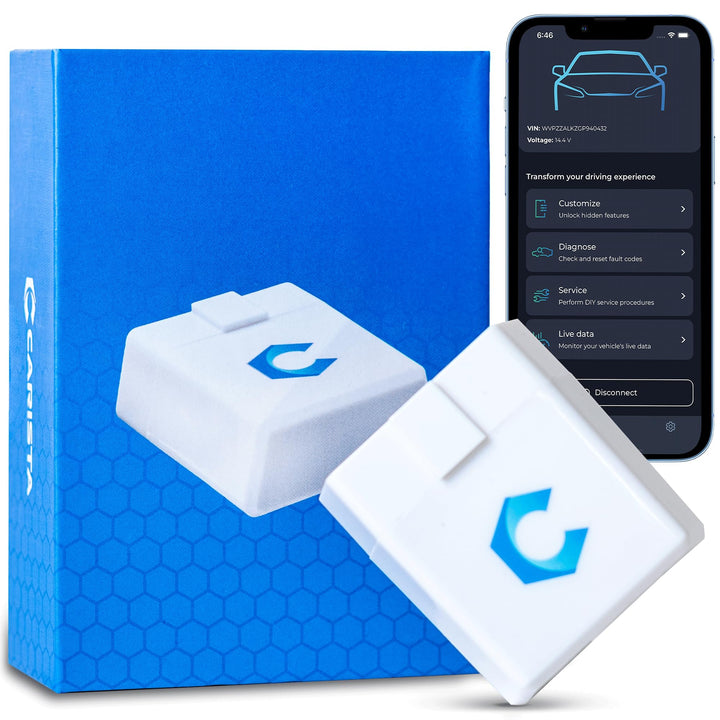 Carista front plug showing OBD-II connector and compact design benefit