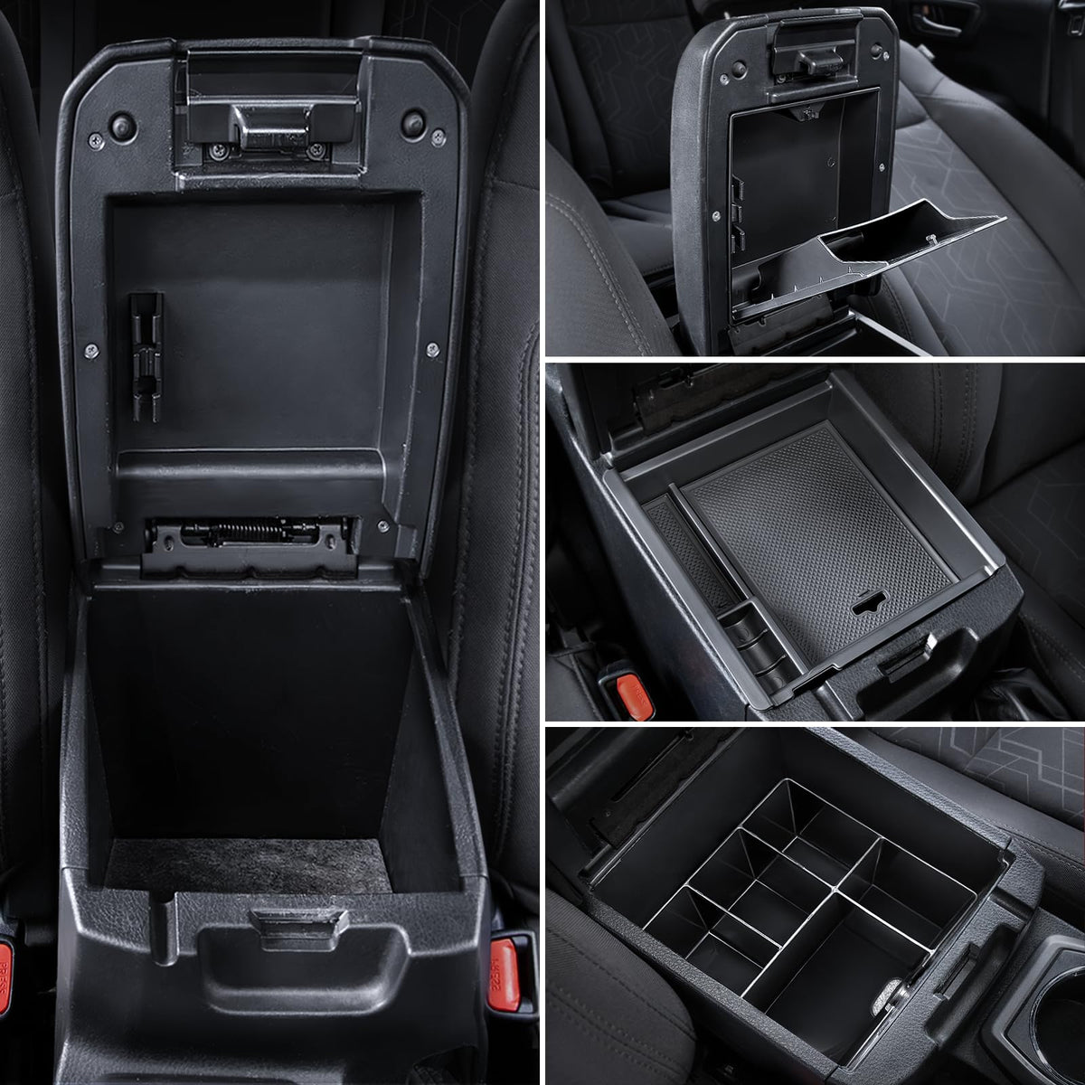 Carlimeki front view of the three-piece console organizer showing tidy compartments and neat fit