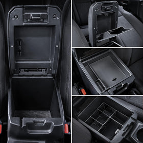 Carlimeki front view of the three-piece console organizer showing tidy compartments and neat fit