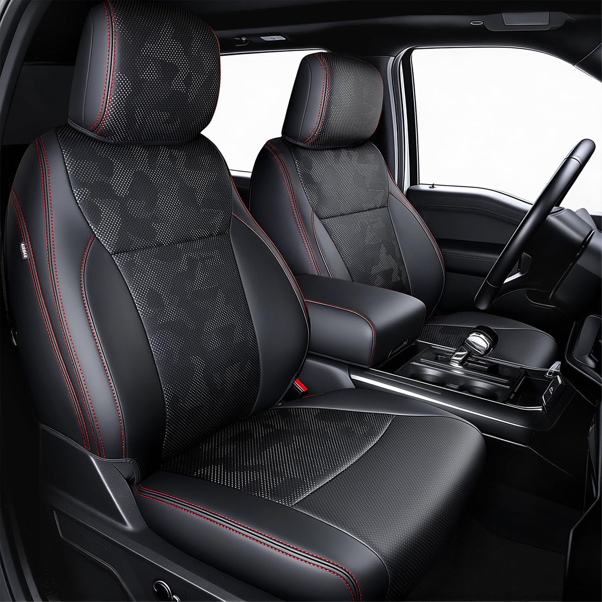 Carlimeki front view seat covers camo black showing tailored fit and premium look