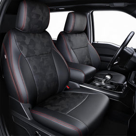 Carlimeki front view seat covers camo black showing tailored fit and premium look