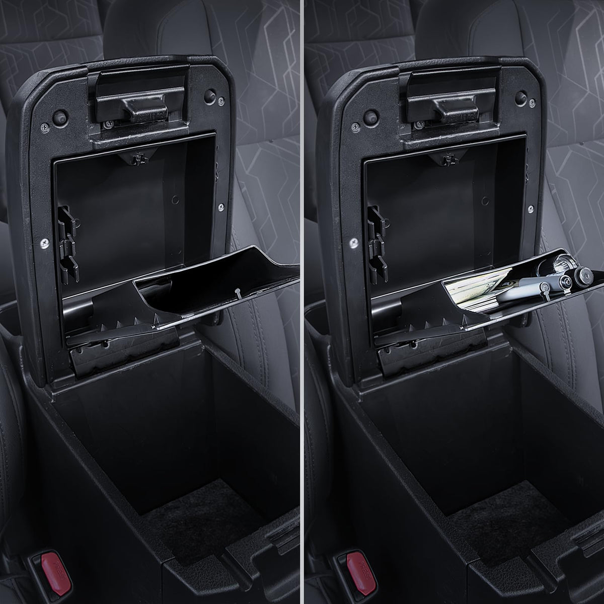 Carlimeki divider tray layout displaying phone, coin and pen slots for quick access
