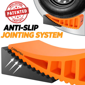 CARMTEK chock engaged under tire demonstrating locked leveling safety