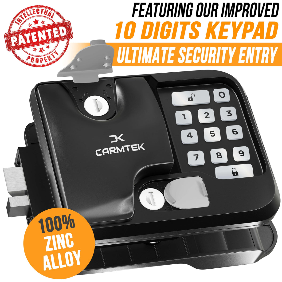 CARMTEK backlit 10-digit keypad closeup for night visibility and quick PIN entry