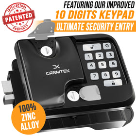 CARMTEK backlit 10-digit keypad closeup for night visibility and quick PIN entry
