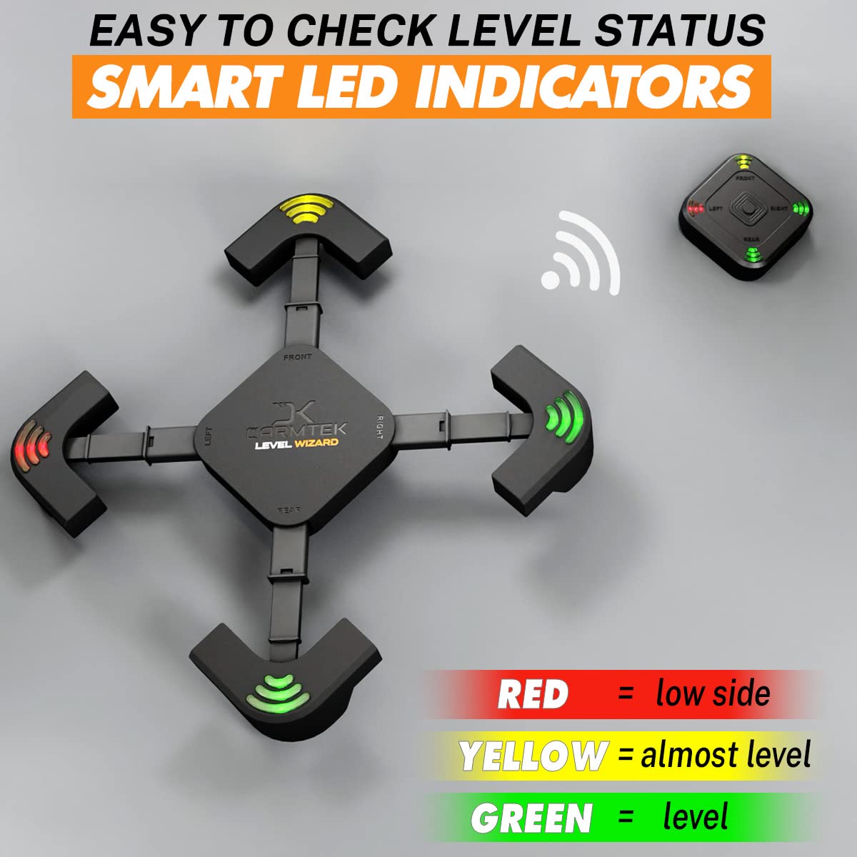 CARMTEK base positioned under RV to guide wheel height