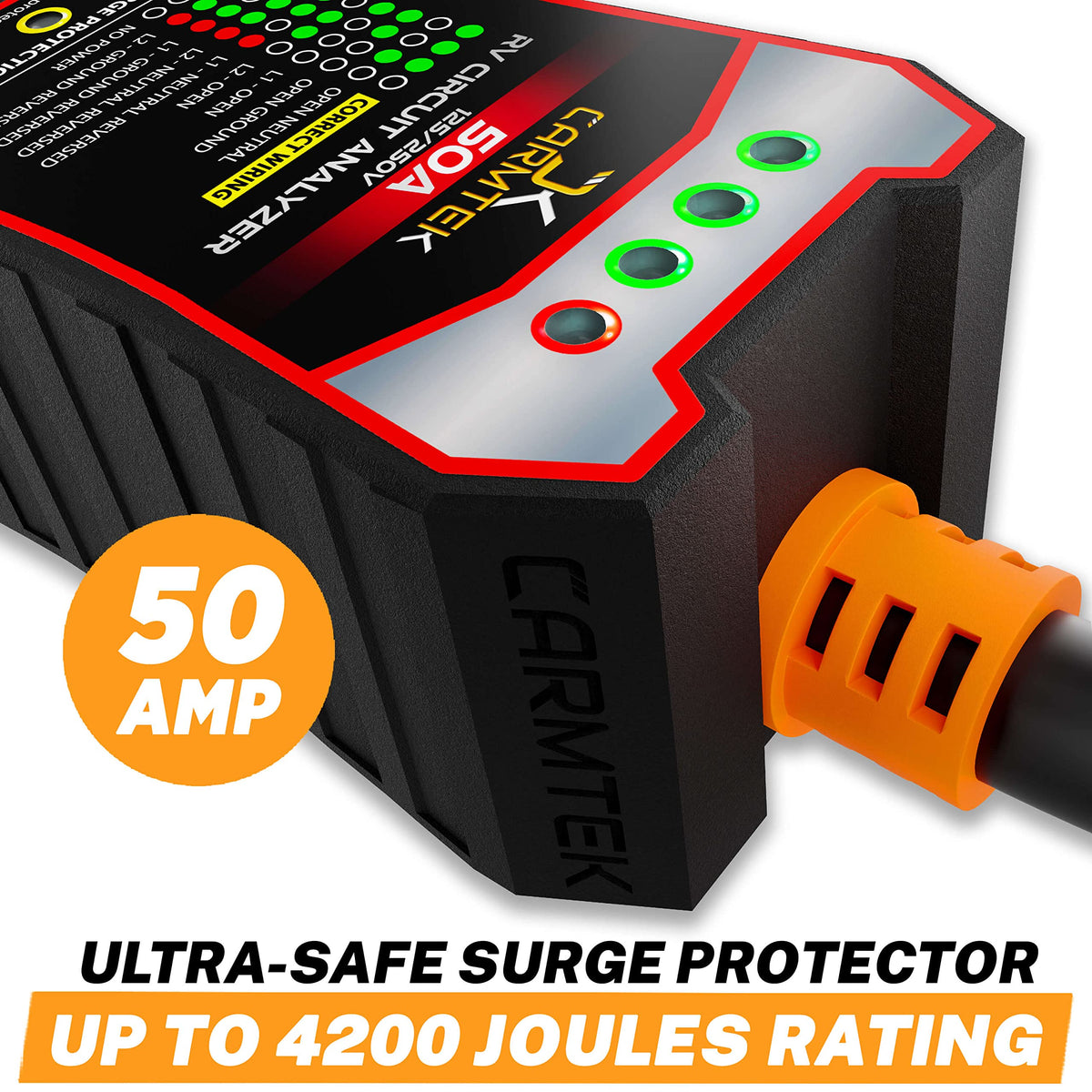 CARMTEK right-angle NEMA 14-50P plug detail for low-strain pedestal connection