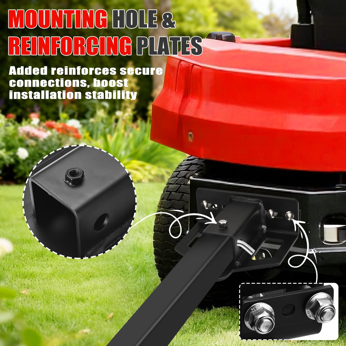 CAROD hitch mounted on a zero-turn mower demonstrating easy bolt-on installation