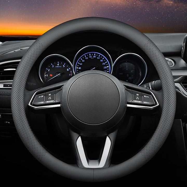 Carodi front view of black steering wheel cover showing sleek fit benefit