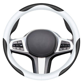 Carodi front view of black and white steering wheel cover enhancing interior style