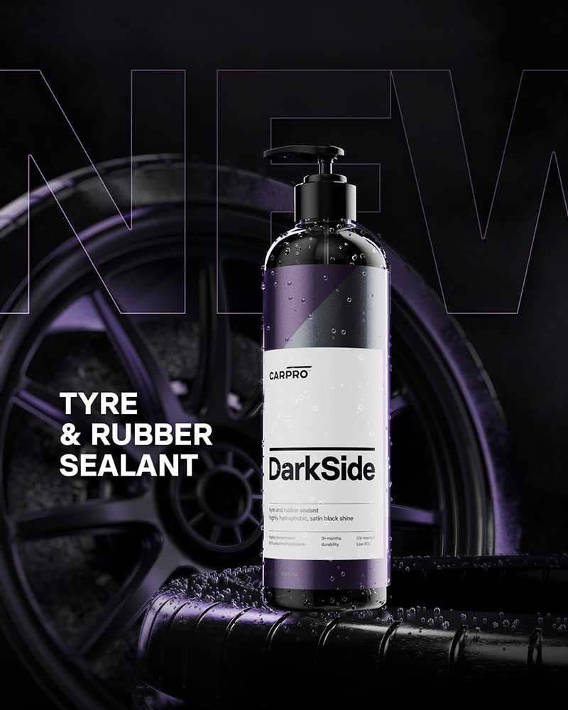 CARPRO DarkSide before and after tire comparison showing revived color
