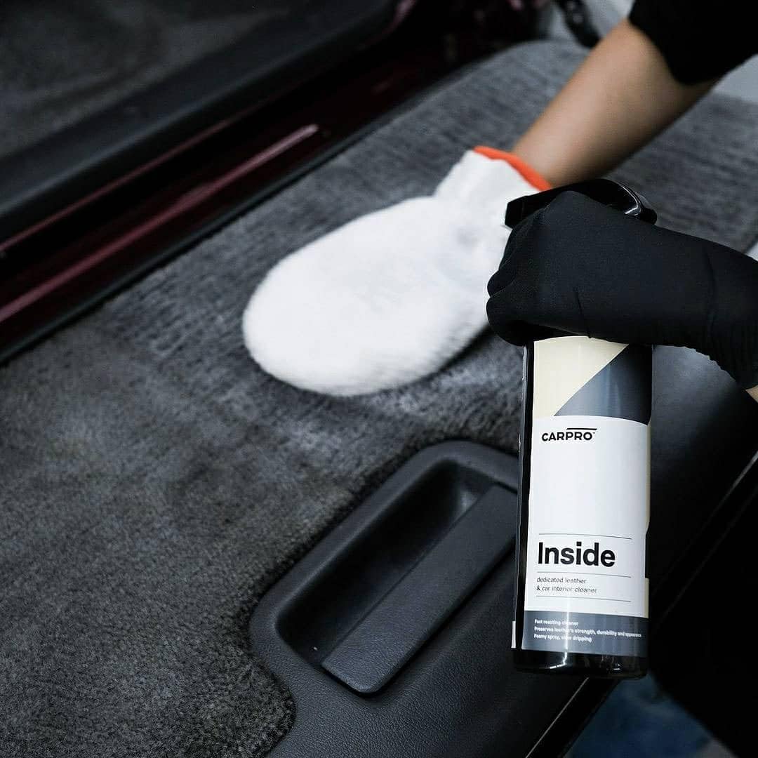 CARPRO diluted solution on Alcantara swatch showing safe gentle cleaning