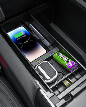 CarQiWireless inserted into Ford F-150 console demonstrating secure fit and organized storage