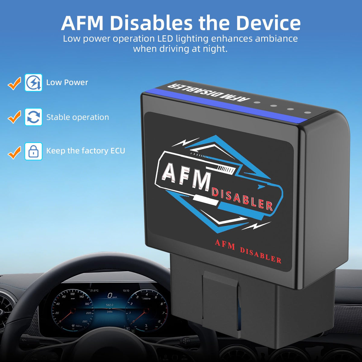 Carropecas AFM Disabler plugged into OBD-II port demonstrating instant activation benefit