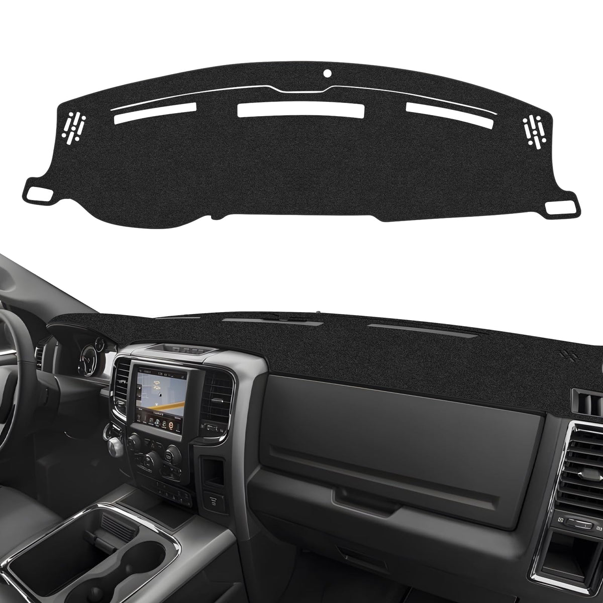 CARTIST dash cover front overview showing fitted low-glare surface and benefits
