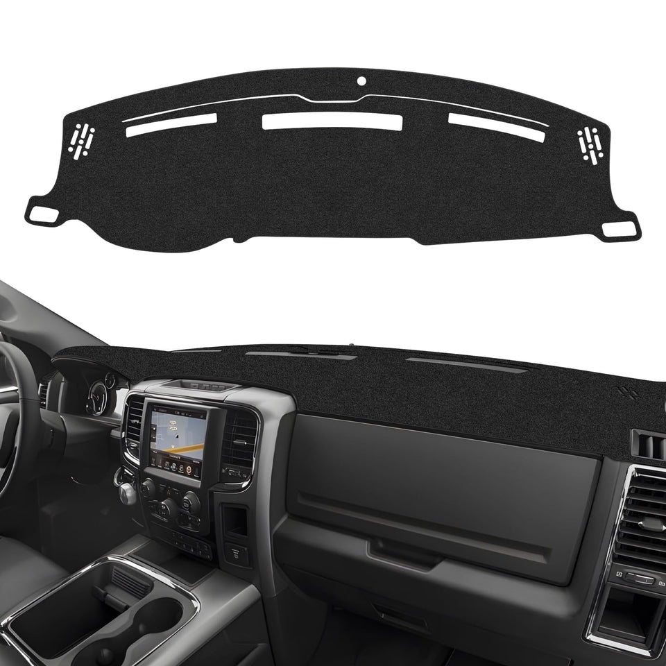 CARTIST dash cover front overview showing fitted low-glare surface and benefits