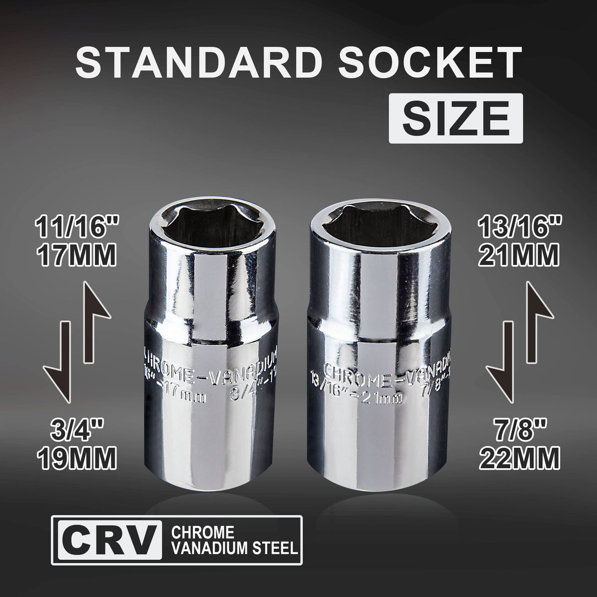 CARTMAN CR-V sockets lined up showing sizes 17mm 19mm 21mm 22mm for wide vehicle coverage