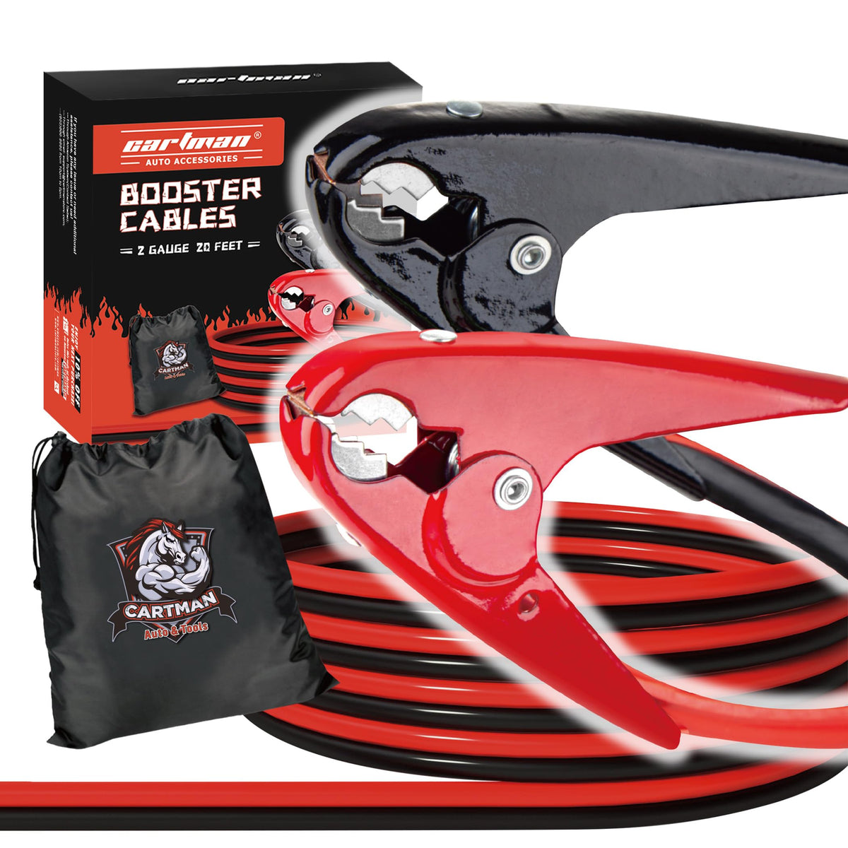 CARTMAN front packaging showing 20 ft jumper cables and carry bag for organized storage