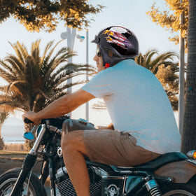 CARTMAN helmet on cruiser motorcycle suggesting stylish everyday use