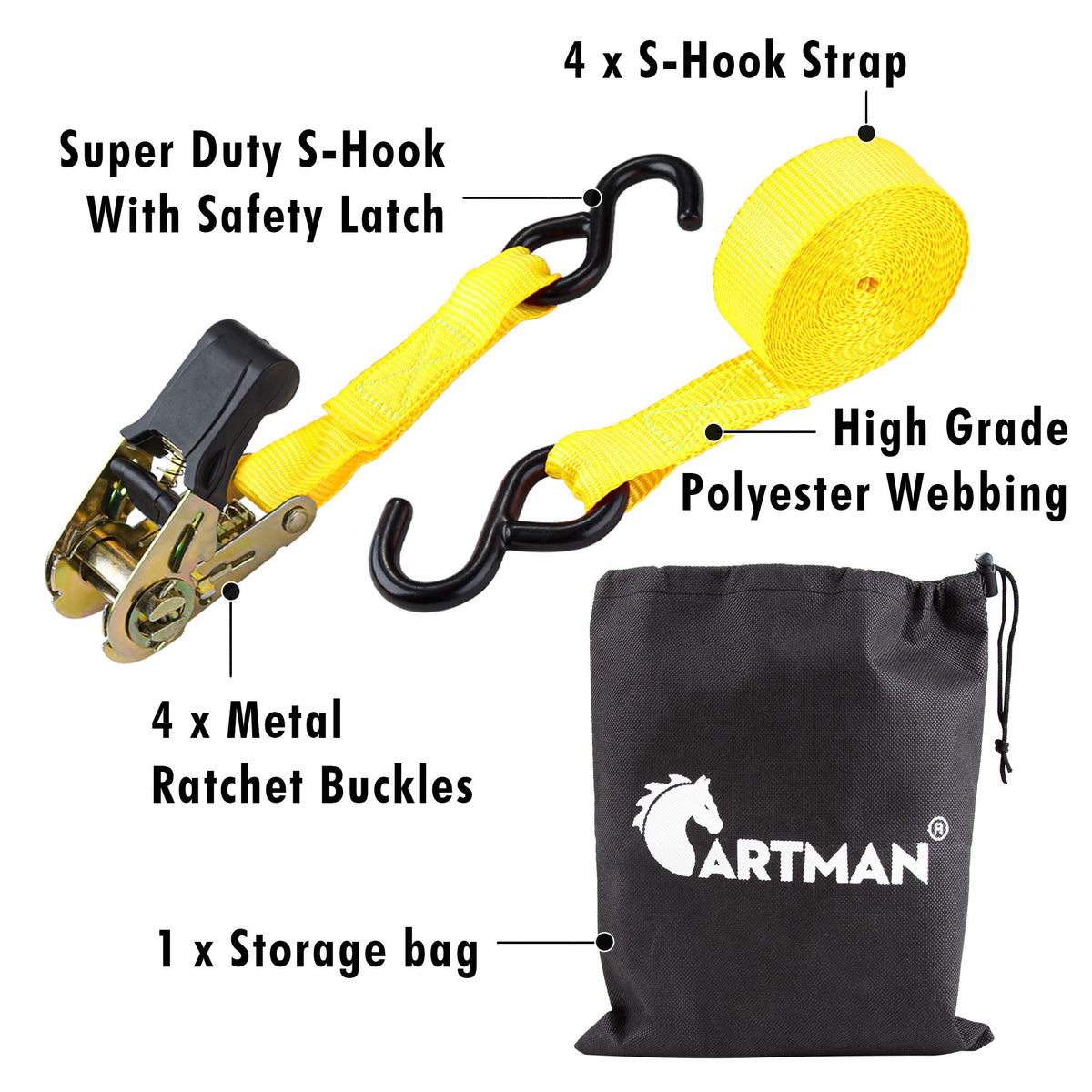 CARTMAN strap unrolled next to ruler showing 15 ft length for planning tie-down reach