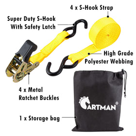 CARTMAN strap unrolled next to ruler showing 15 ft length for planning tie-down reach