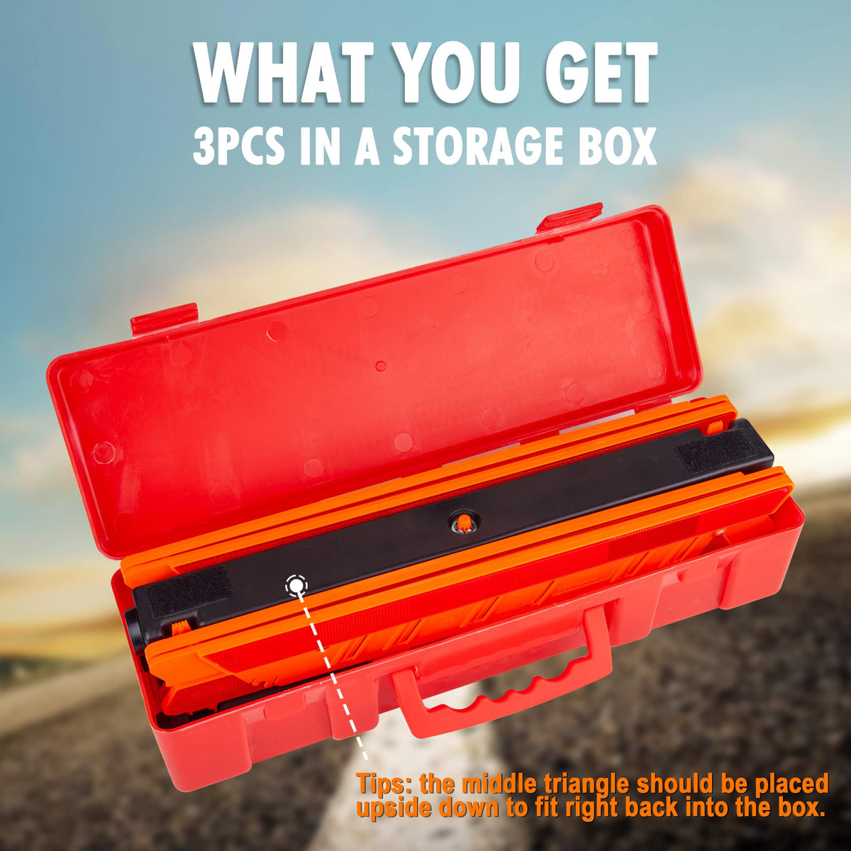 CARTMAN three folded triangles stored in car trunk compactly, shows space-saving emergency storage