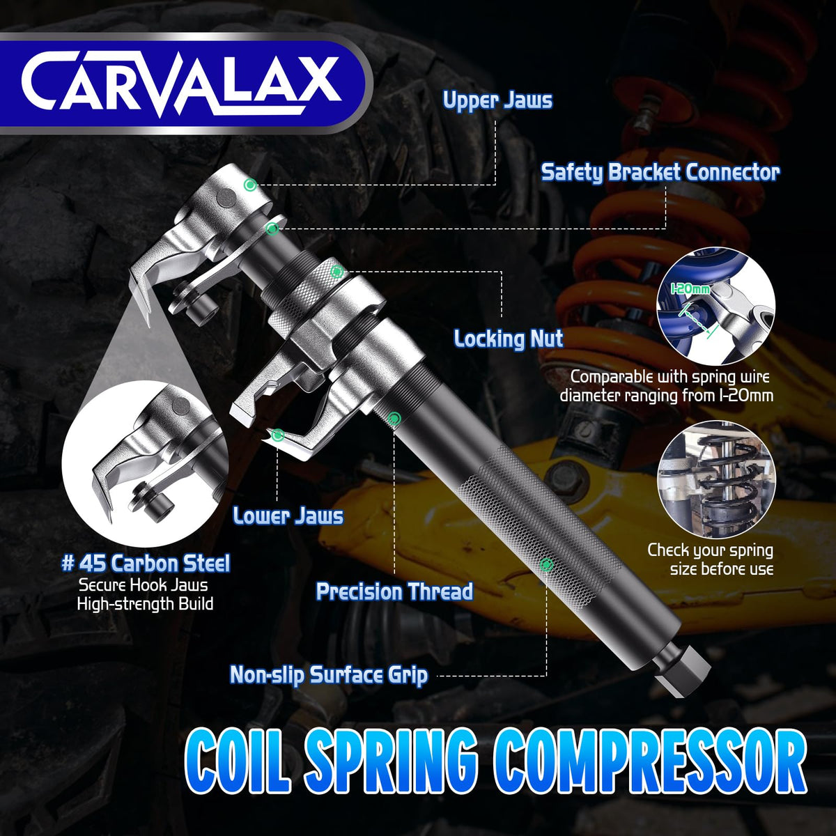 CARVALAX extendable safety bracket aligned with spring showing stable compression benefit