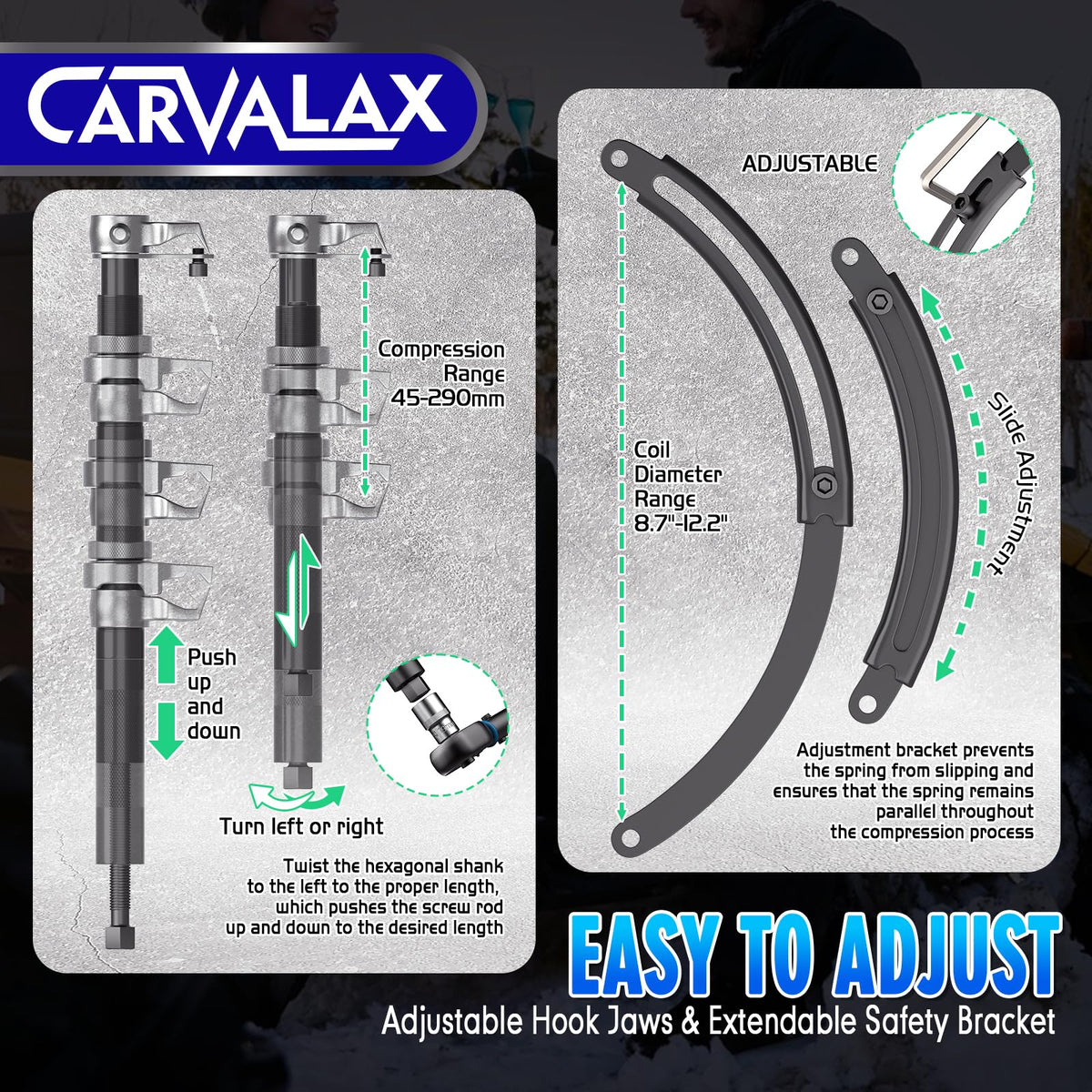 CARVALAX tool compressing a MacPherson strut illustrating controlled removal benefit