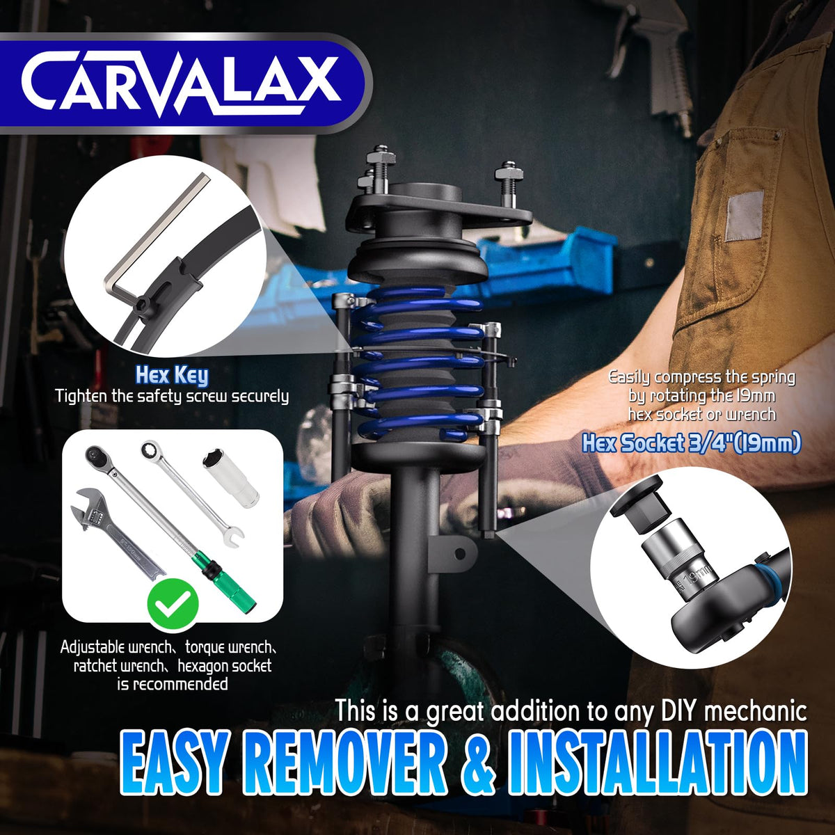 CARVALAX threaded rod and hex bolt detail showing smooth operation benefit